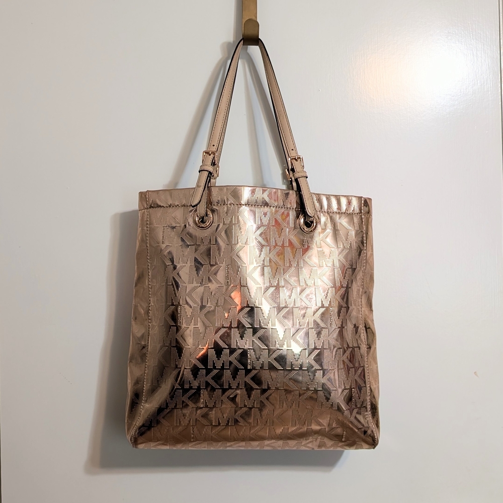 Michael Kors Metallic Rose Gold Monogram Tote Bag - Large MK Logo Mirror Finish